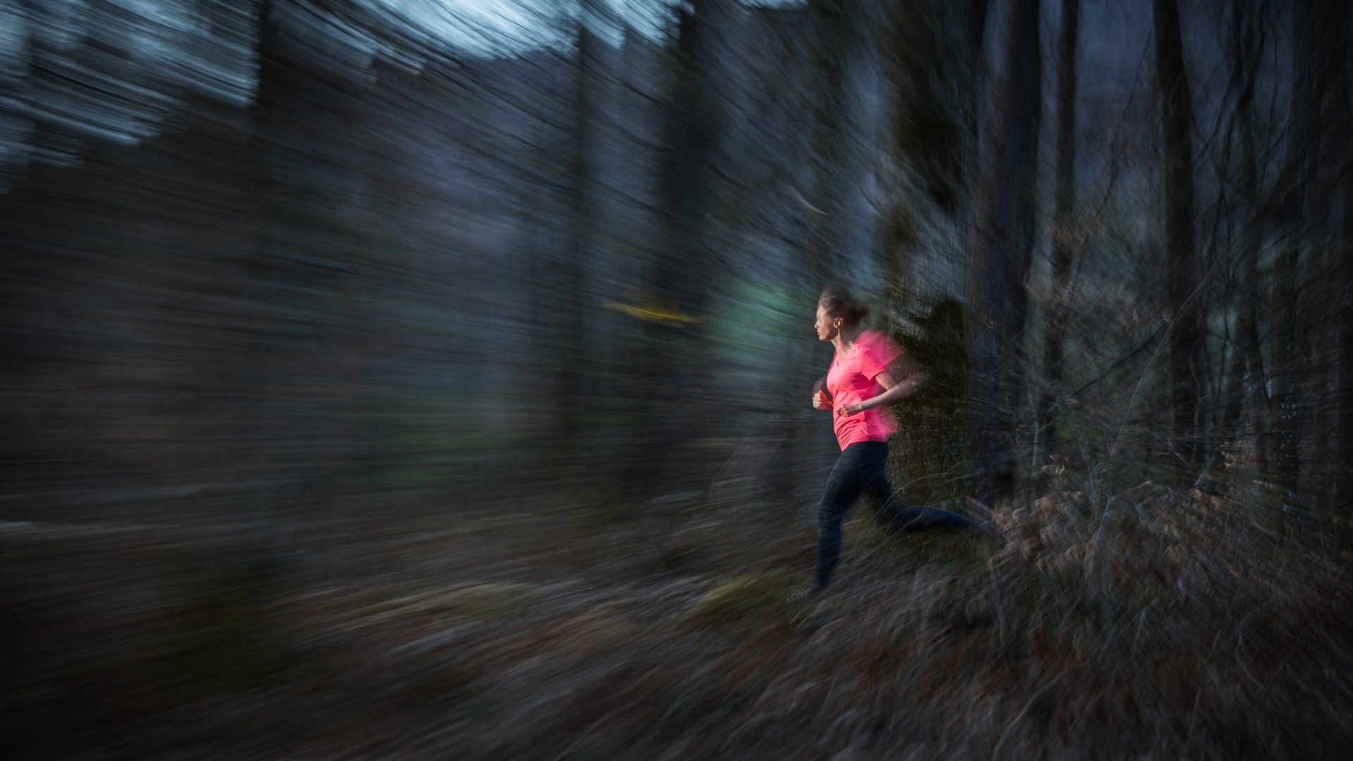 A runner on a forest trail at dusk